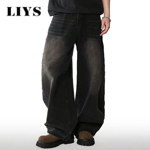 Four Season Men'S Jeans Korean Version Student Casual Pants High Street Straight Loose Wide Leg Jeans Black Grey Blue Baggy Jean